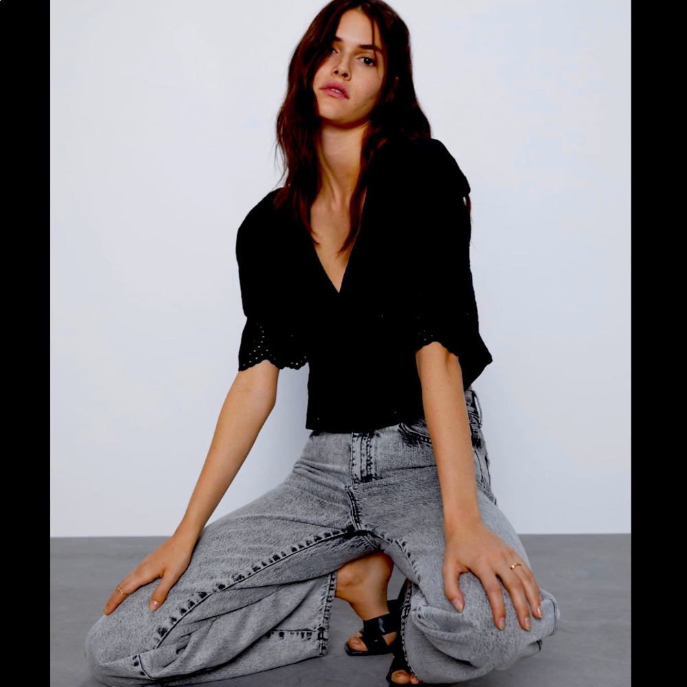 ZARA EMBROIDERED OPEN WORK TOP BLACK